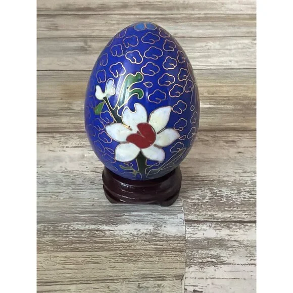 Set of 3 Asian Cloisonné Enamel Floral Eggs w/Wooden Stands Vintage Pre-owned - Picture 6 of 12